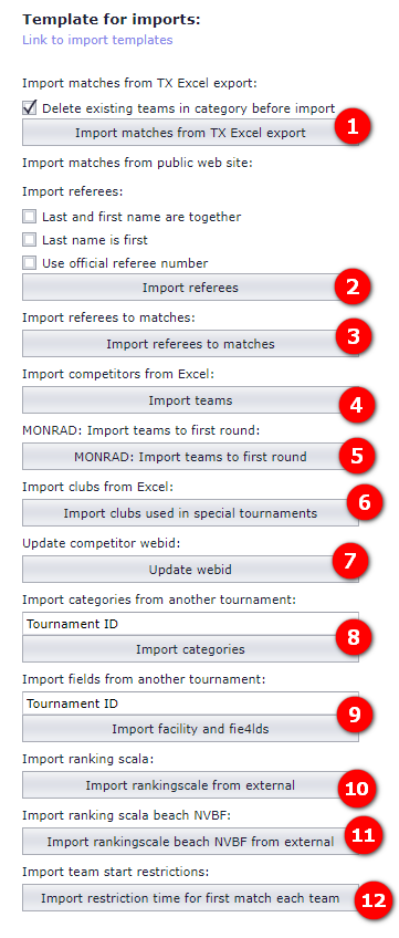 The Template for imports panel with every import button numbered 1–12