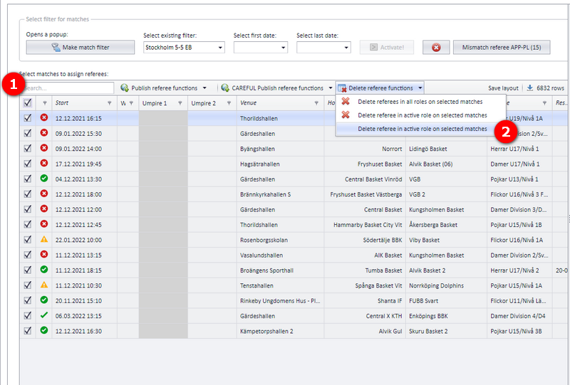 Delete referee actions menu with the Delete referees in.. options