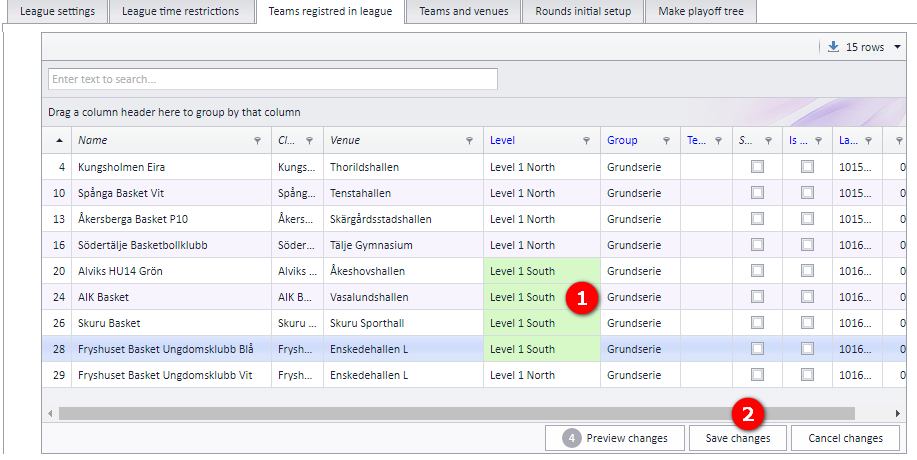 Changing a team's level from Teams registered in league