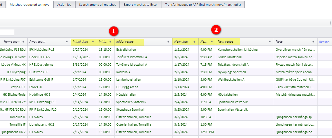 Original and requested date, time and venue columns in the match move request list