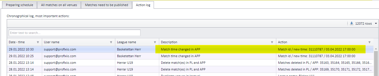 The "Ändringslogg" tab listing the changes made to matches