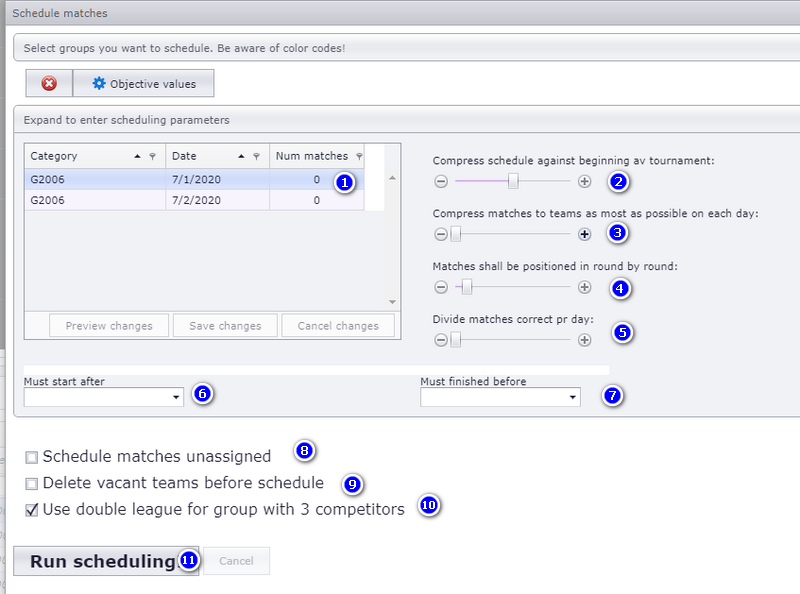 The settings window with the emphasis parameters, earliest start and latest finish, the vacant-team and double-series check boxes and the Run scheduling button