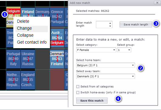 The Change popup with team selection and the match length field