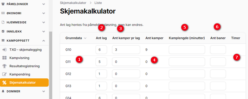 The schedule calculator with category, number of teams, matches per team, match length, number of venues and the resulting number of hours