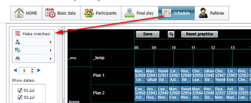 The Schedule menu open with the Make matches! command