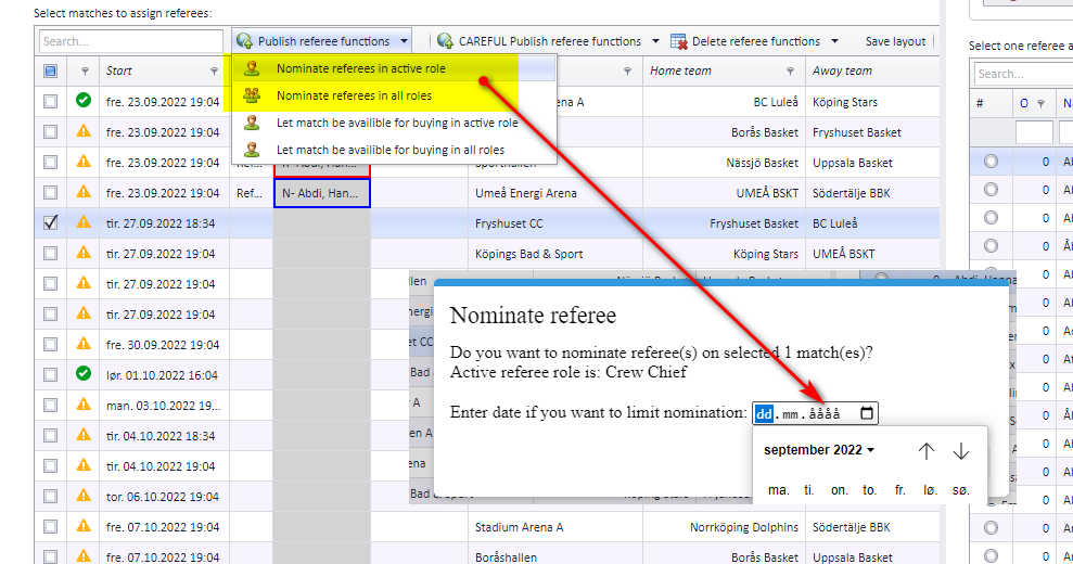 Nominate referee dialog with the date field that limits the nomination