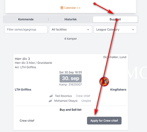 Buy/Sell tab in the app with the Buy and Sell list and the Apply for Crew chief button