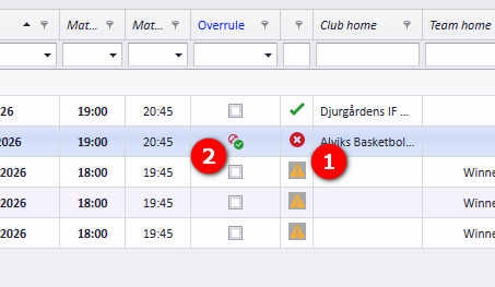 Invalid match marked with (x) and the Overrule checkbox