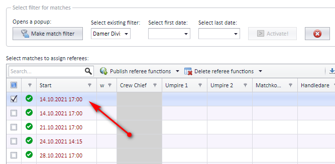 The Referee menu in PL: match filter above the grid with one column per referee role