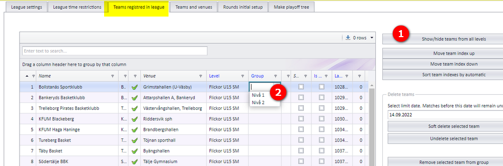 Assigning teams to groups in the tab Team registered in league