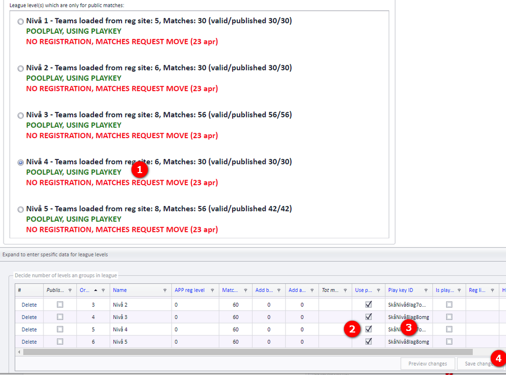 League settings tab: Use pool play checkbox, playkey selector and Save changes