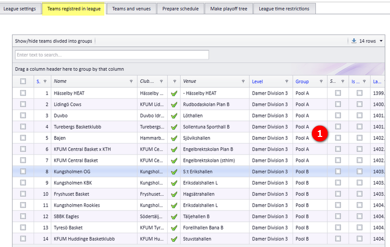 Teams registred in league tab with the group selector