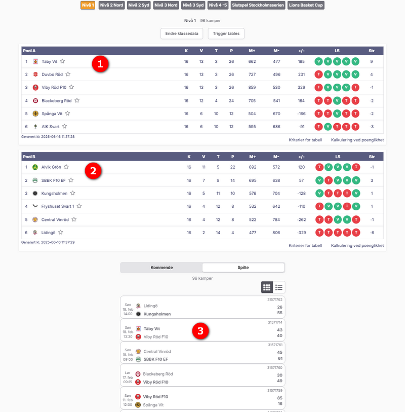 Published cross pool play in the app: one table per pool, one match list