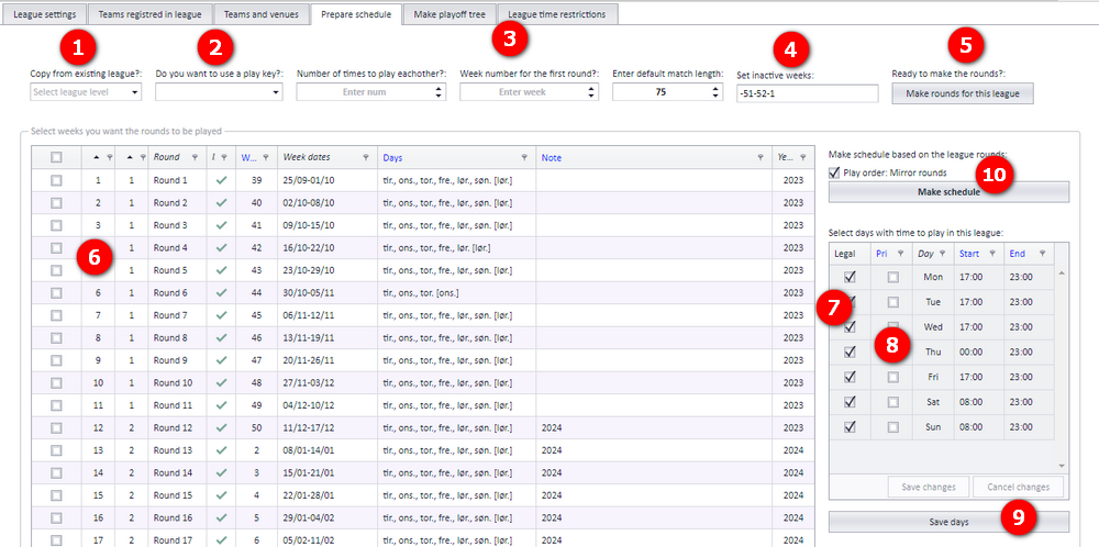 Prepare schedule window with numbered fields