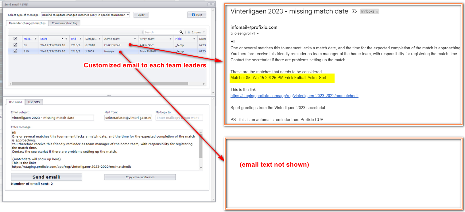 Example reminder e-mail with the team leader's matches listed in a yellow rectangle