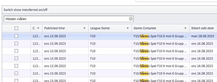 Level filter with -Hösten +Våren and the select-all checkbox