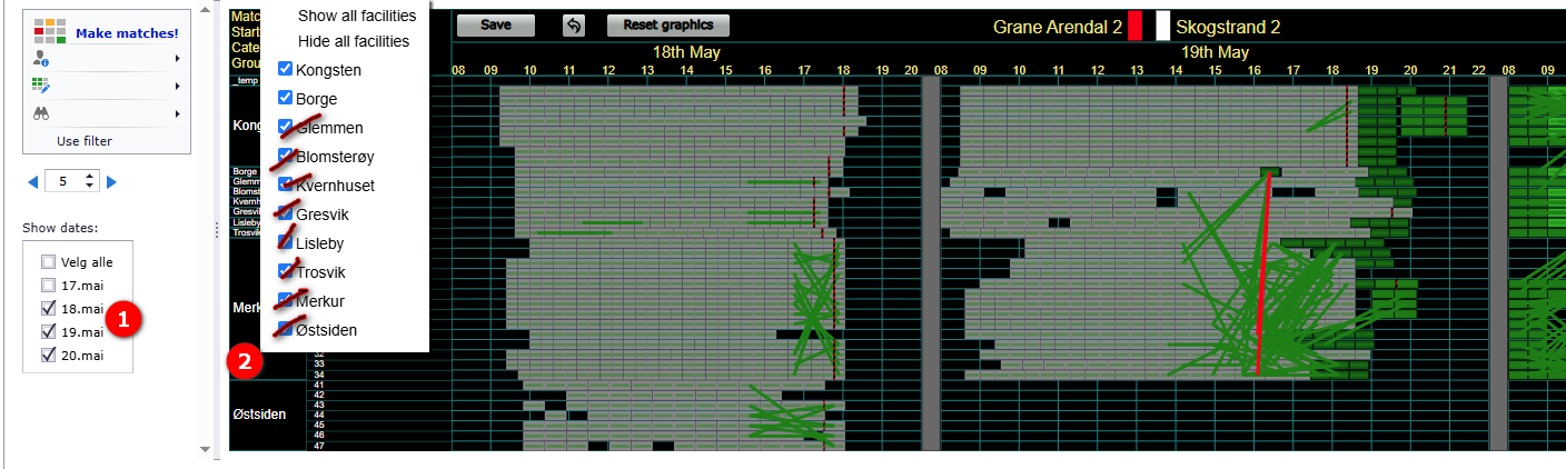 Selecting dates and facilities for the match filter