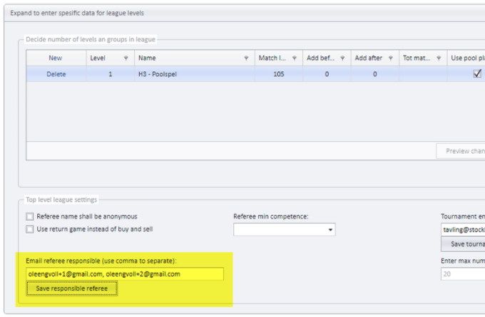 Email referee responsible field under Top level league settings