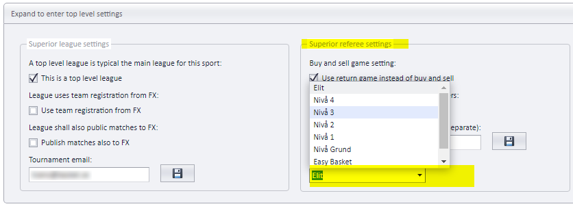 Top level settings with the Referee minimum competence list open and Elit chosen