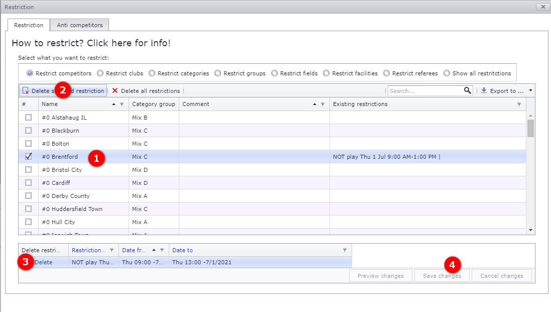 Restriction page showing every restriction registered on the selected object