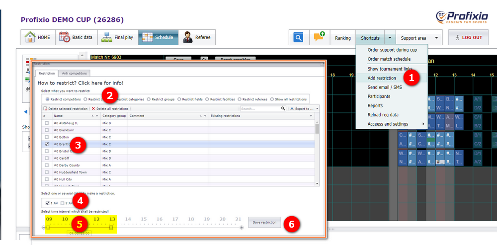 Restriction page with a team, a date and a time period selected