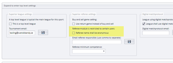 League settings with the checkbox Referee name shall be anonymous