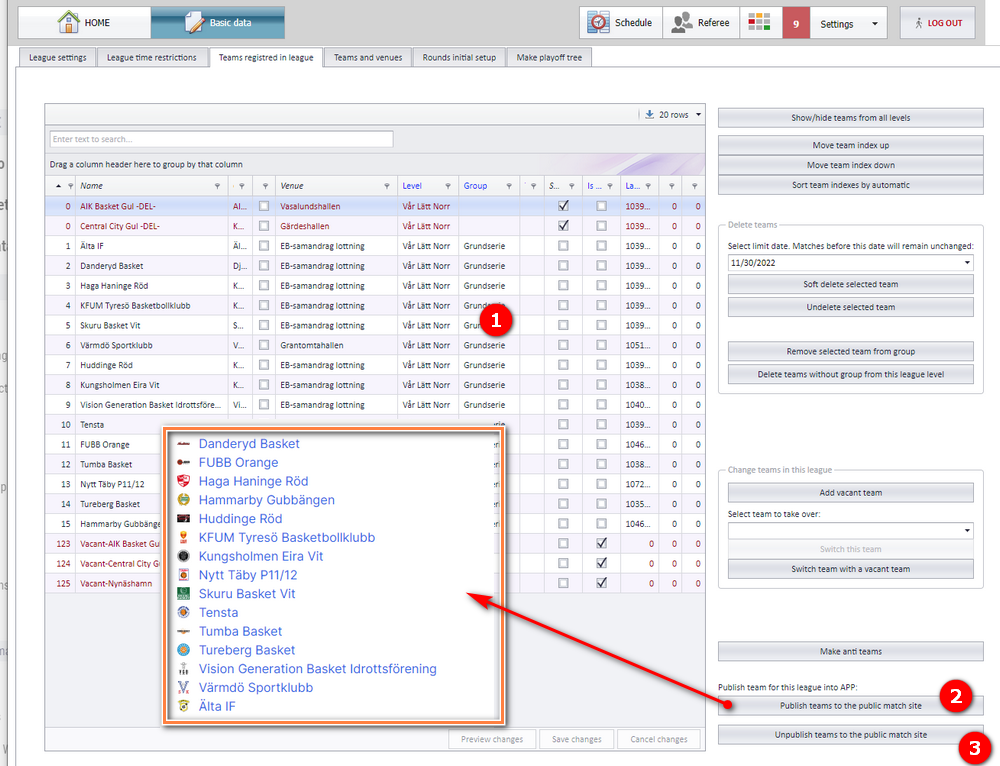 Publish and unpublish buttons in Teams registered in league