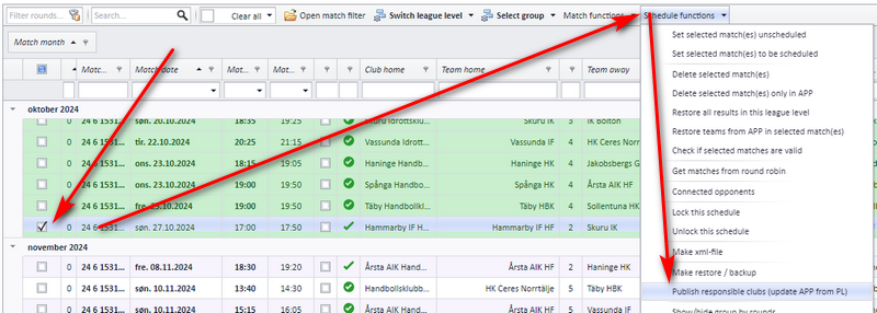 Menu for updating responsible club after publishing