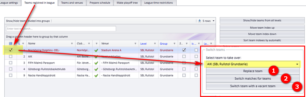 Selecting the team out in the list and the team in from the dropdown