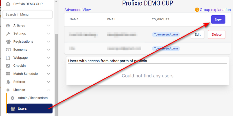 License - Users menu in TXO
