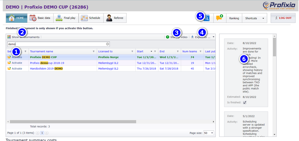 The TXO startup window with numbered areas