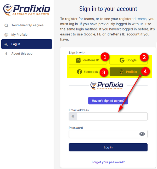 Sign-in options on profixio.com/app