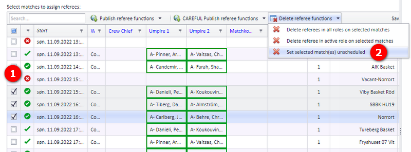 The Set selected matches unscheduled menu