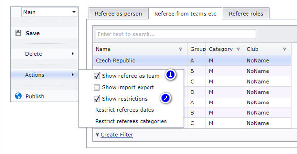 The "Referee from teams" tab with the two check boxes numbered 1 and 2