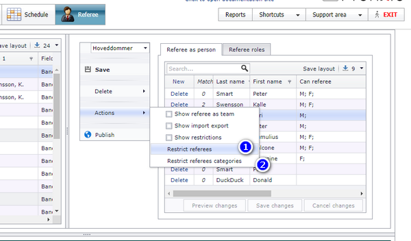 Referee window with the date restriction menu (1) and the category restriction menu (2)