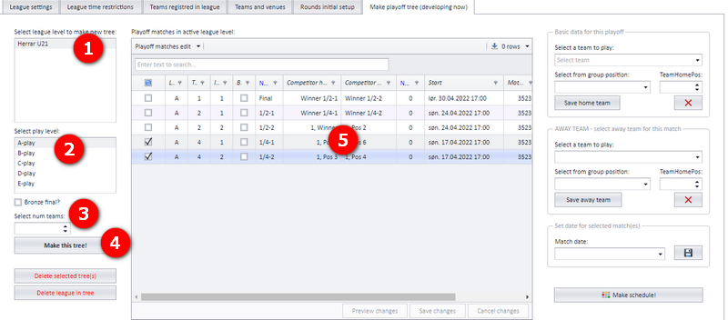 The playoff tree window: select league, play level, bronze final, number of teams, make the tree, and the grid of tree matches