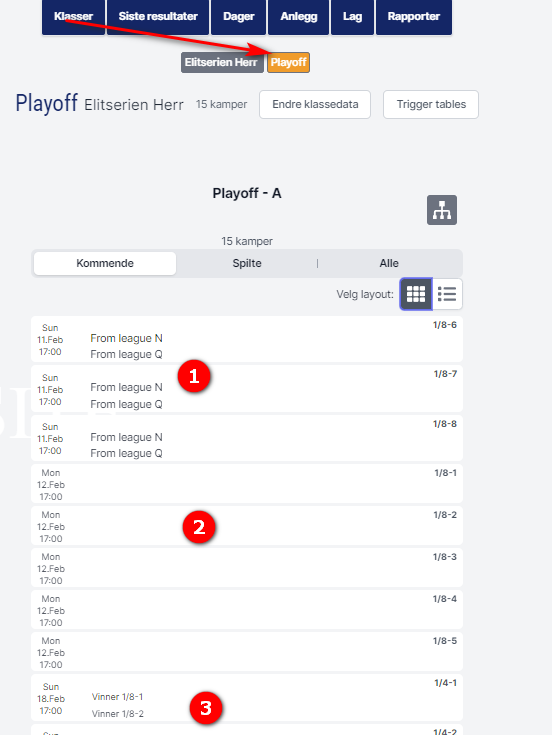 The app's public match view showing a custom team name, a match without a name and a linked playoff match