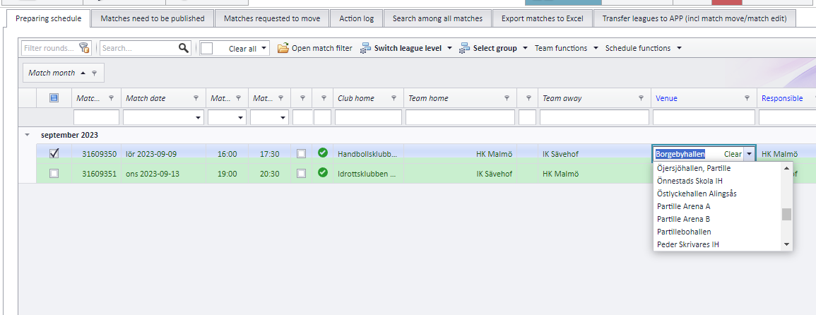 Selecting a venue in the venue cell