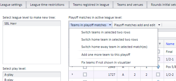 The Teams in playoff matches menu