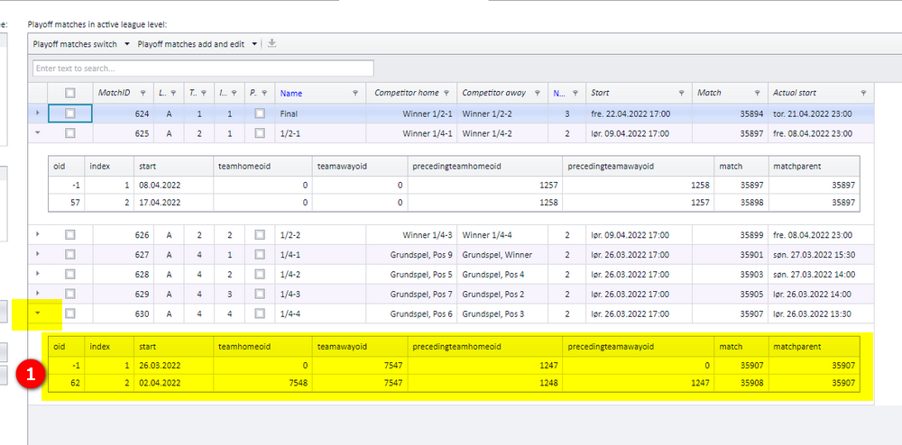 The parent match marked -1 and its child matches in the expanded detail row