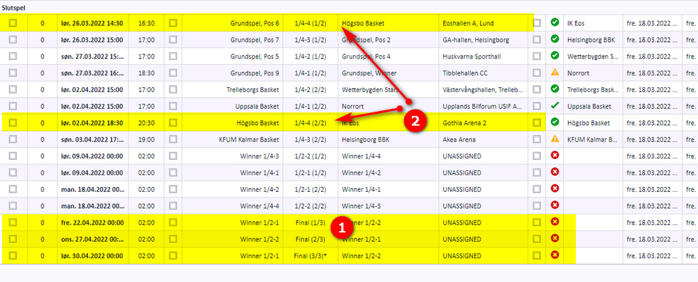 Split matches numbered 1/4-1 (1/3), (2/3) and (3/3) in the schedule