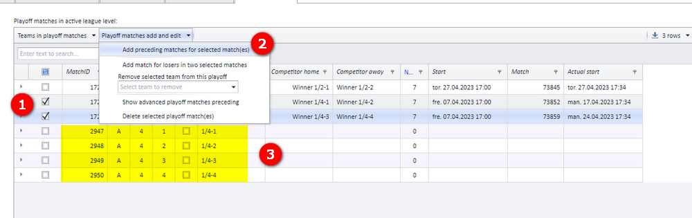 Adding preceding matches for two selected semi-finals gives four quarter-finals