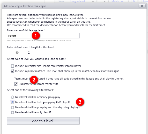 New league level dialog: name, match length, included in public matches, duplicate teams, level type