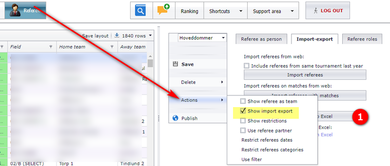 Referee module: Actions → Show import export opens the Import-export tab with the export button