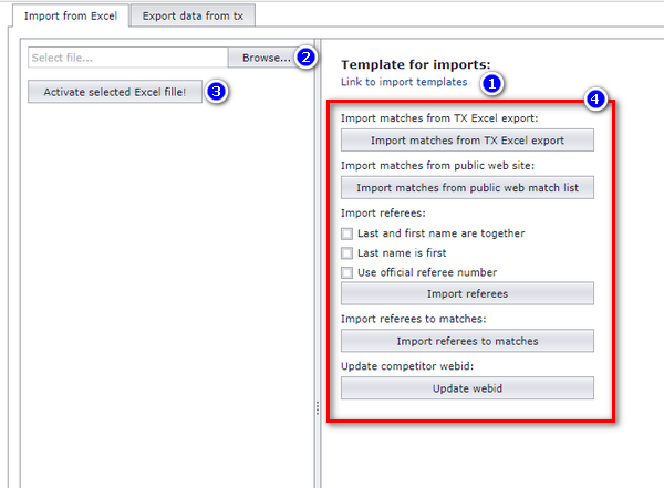 Import from Excel tab: Link to import templates (1), Browse (2), Activate selected Excel file (3) and the Template for imports panel (4)