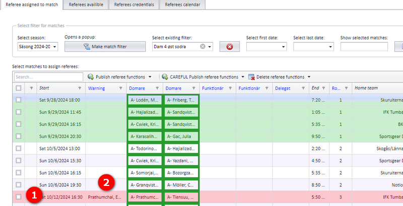 Red rows with the Warning column in the PL referee list