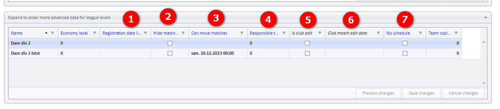 Settings for registration and matches