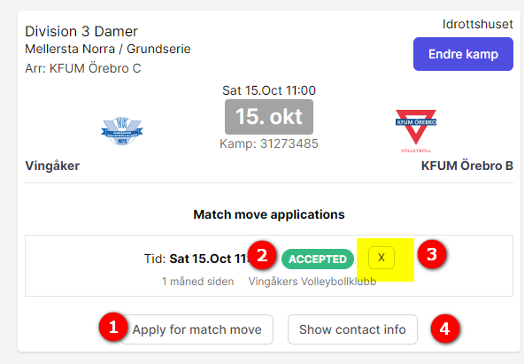 The match card in the app after a match move request
