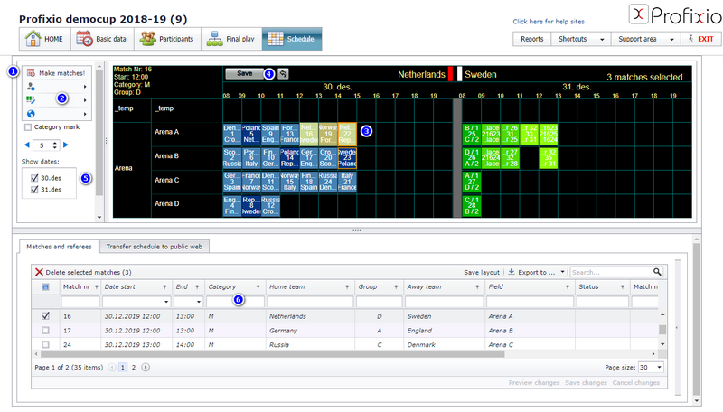 The scheduling window with the make-matches button, the menu, the visualizer, the save button and the filter table