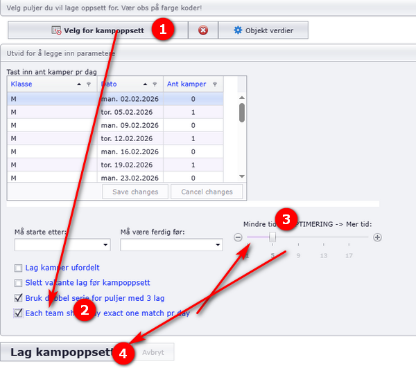 The scheduling window with the one-match-per-date option ticked